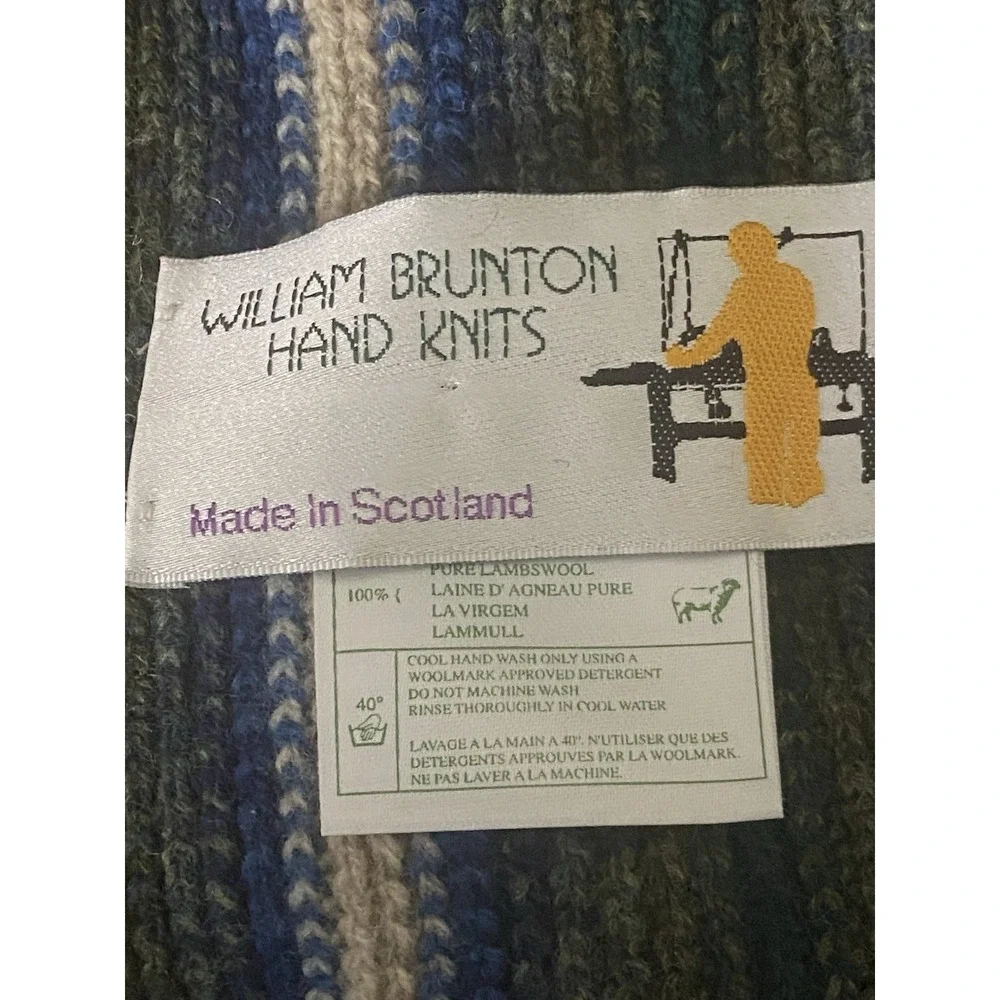 William Brunton Hand Knits 100% Lambswool Scarf Green Blue Ivory Fringe Scotland